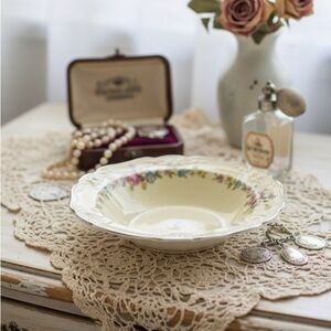 Antique Chelsea Floral Bowl withPink Roses & Blue Flowers Embossed Rim Platinum